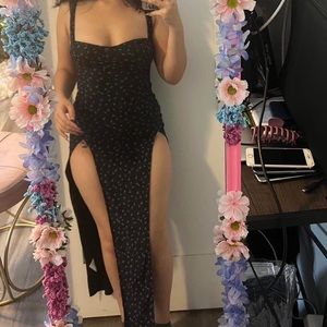Black, long slit dress with flowers
